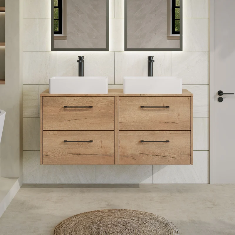 Juno 1200mm Wall Hung 4 Drawer Vanity Unit & Worktop - Autumn Oak Woodgrain