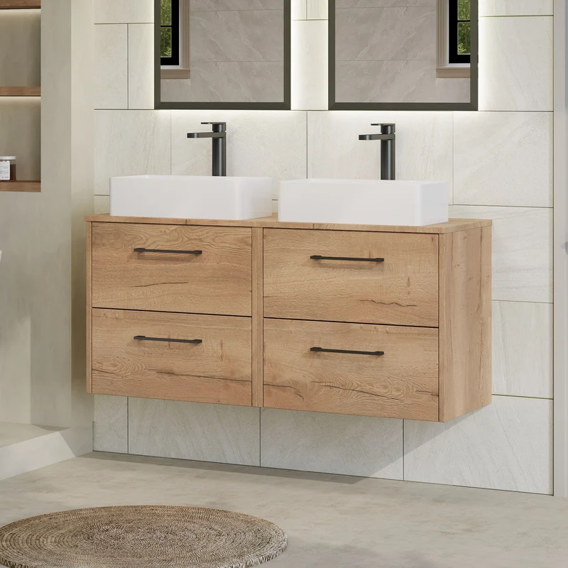 Juno 1200mm Wall Hung 4 Drawer Vanity Unit & Worktop - Autumn Oak Woodgrain