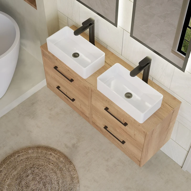 Juno 1200mm Wall Hung 4 Drawer Vanity Unit & Worktop - Autumn Oak Woodgrain