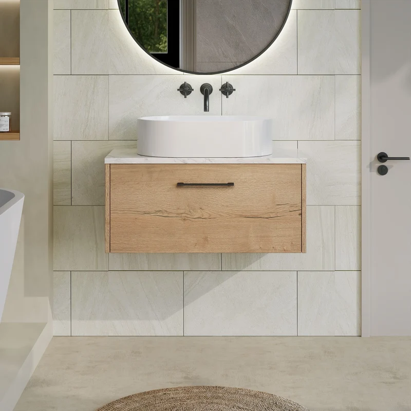 Juno 800mm Wall Hung 1 Drawer Vanity Unit & Carrera Marble Laminate Worktop - Autumn Oak Woodgrain