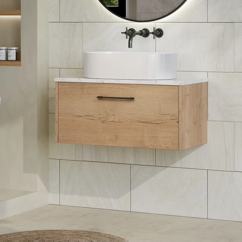 Juno 800mm Wall Hung 1 Drawer Vanity Unit & Carrera Marble Laminate Worktop - Autumn Oak Woodgrain