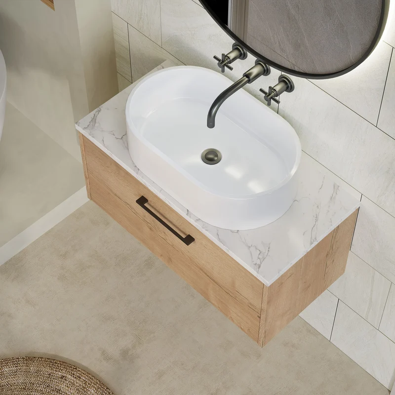 Juno 800mm Wall Hung 1 Drawer Vanity Unit & Carrera Marble Laminate Worktop - Autumn Oak Woodgrain
