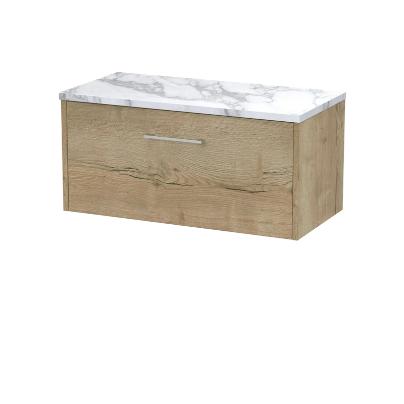 Juno 800mm Wall Hung 1 Drawer Vanity Unit & Carrera Marble Laminate Worktop - Autumn Oak Woodgrain
