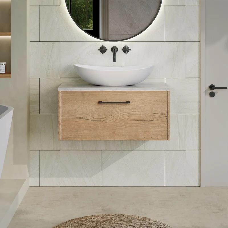 Juno 800mm Wall Hung 1 Drawer Vanity Unit & Bellato Grey Laminate Worktop - Autumn Oak Woodgrain