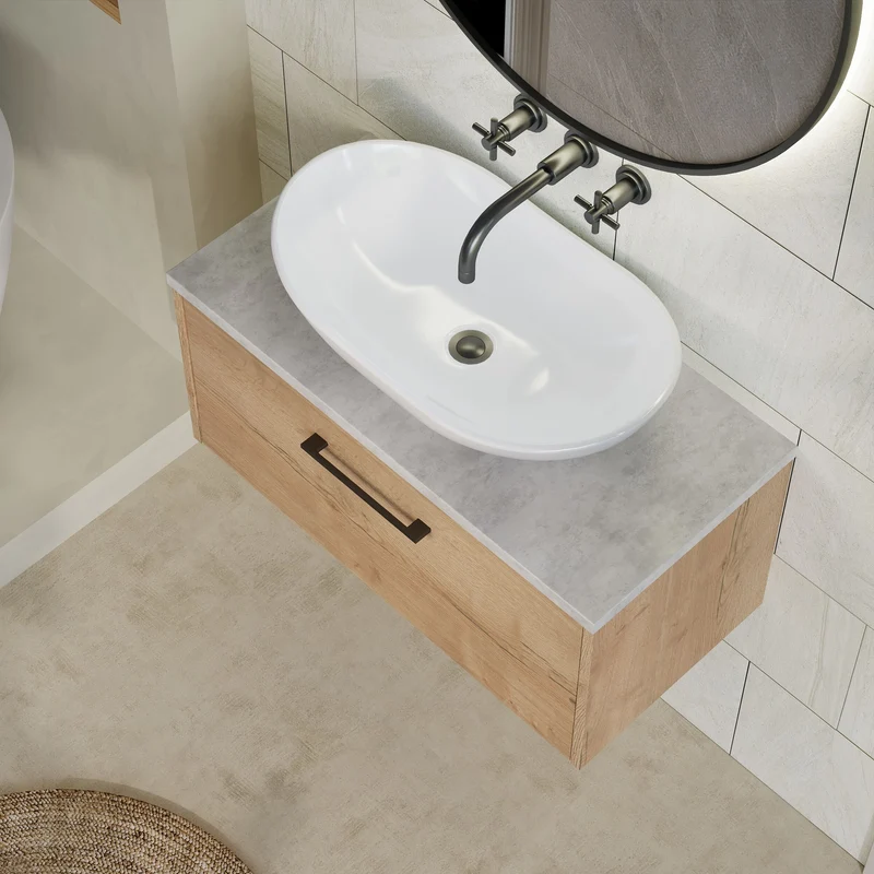 Juno 800mm Wall Hung 1 Drawer Vanity Unit & Bellato Grey Laminate Worktop - Autumn Oak Woodgrain