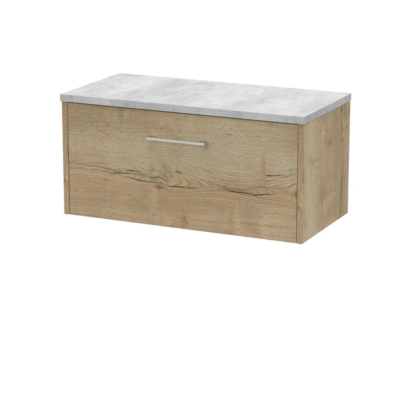 Juno 800mm Wall Hung 1 Drawer Vanity Unit & Bellato Grey Laminate Worktop - Autumn Oak Woodgrain
