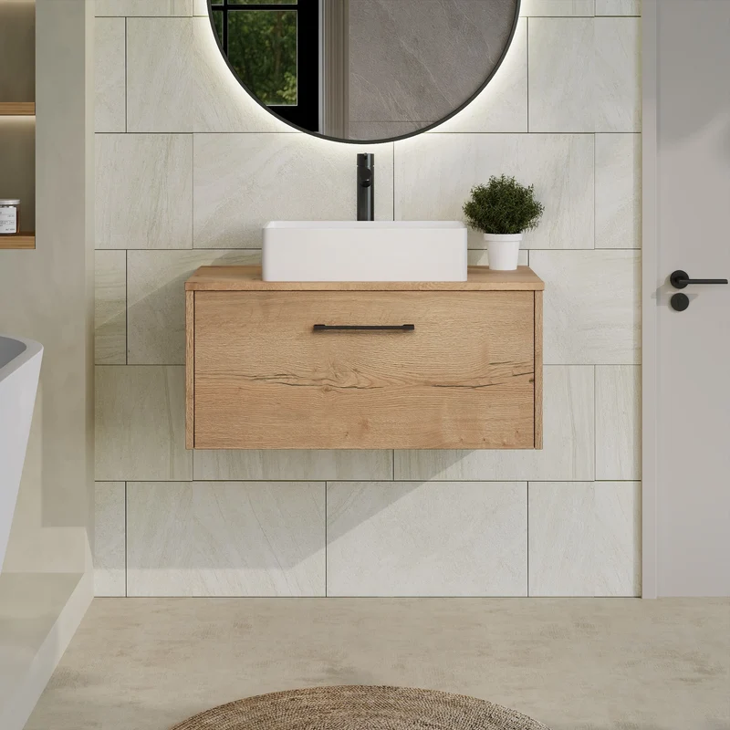 Juno 800mm Wall Hung 1 Drawer Vanity Unit & Worktop - Autumn Oak Woodgrain