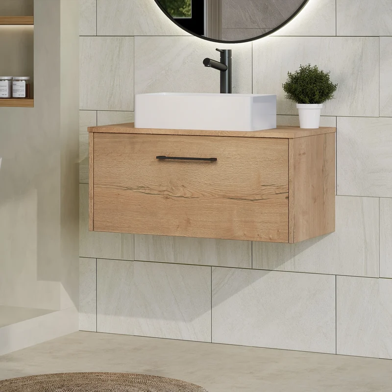 Juno 800mm Wall Hung 1 Drawer Vanity Unit & Worktop - Autumn Oak Woodgrain
