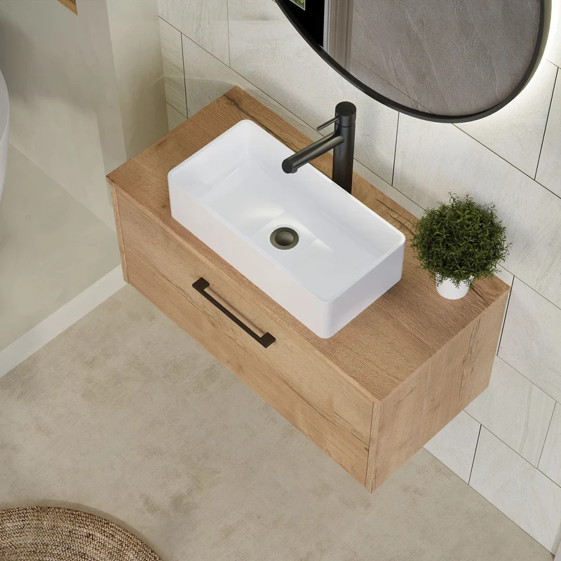 Juno 800mm Wall Hung 1 Drawer Vanity Unit & Worktop - Autumn Oak Woodgrain
