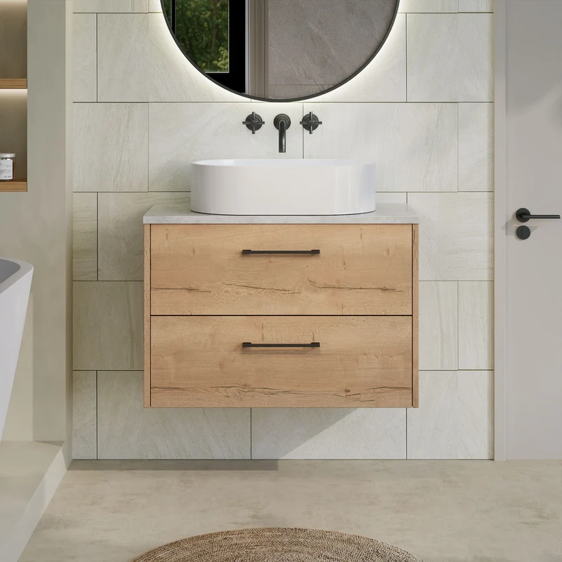 Juno 800mm Wall Hung 2 Drawer Vanity Unit & Bellato Grey Laminate Worktop - Autumn Oak Woodgrain