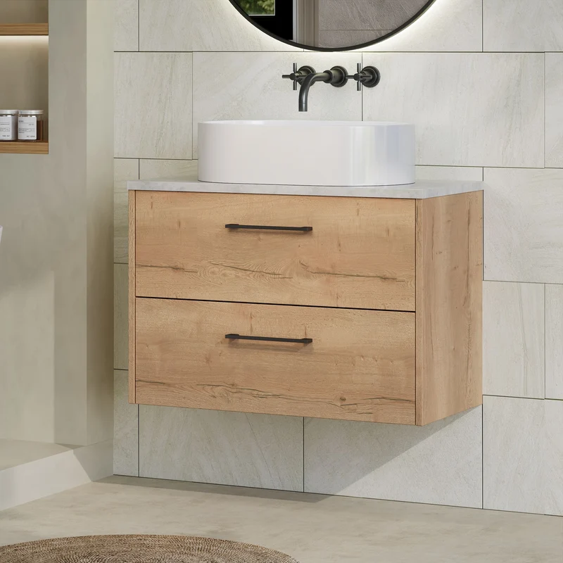 Juno 800mm Wall Hung 2 Drawer Vanity Unit & Bellato Grey Laminate Worktop - Autumn Oak Woodgrain