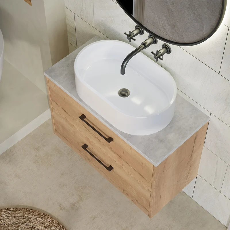 Juno 800mm Wall Hung 2 Drawer Vanity Unit & Bellato Grey Laminate Worktop - Autumn Oak Woodgrain
