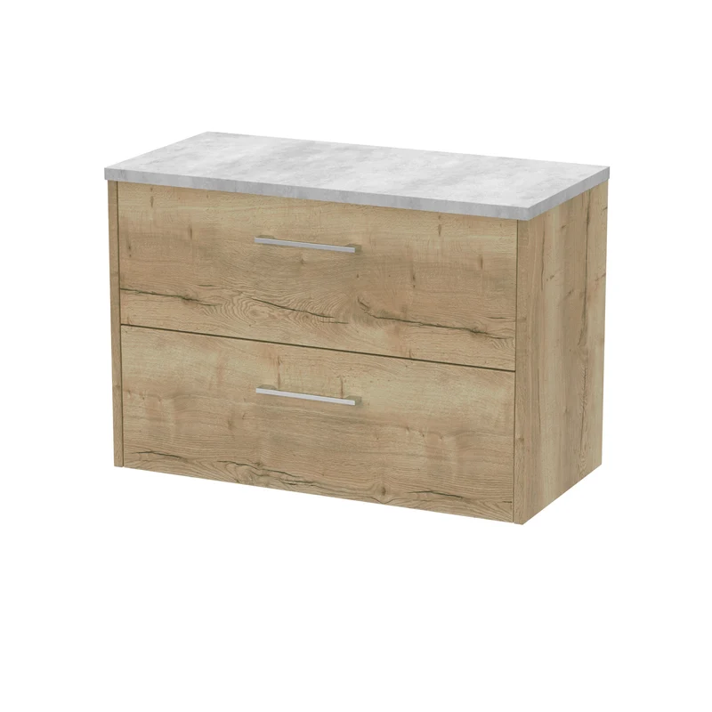 Juno 800mm Wall Hung 2 Drawer Vanity Unit & Bellato Grey Laminate Worktop - Autumn Oak Woodgrain