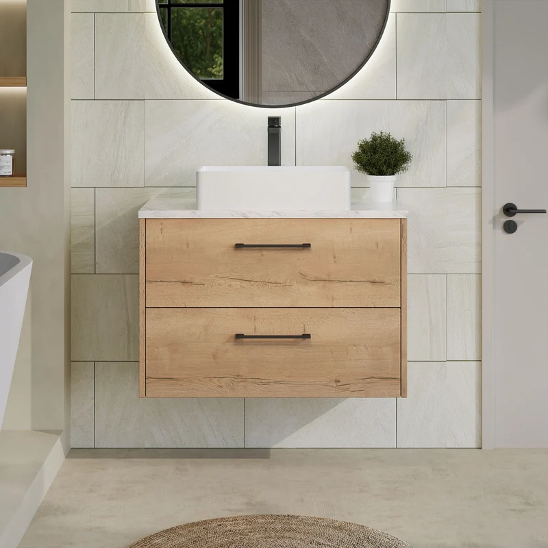 Juno 800mm Wall Hung 2 Drawer Vanity Unit & Carrera Marble Laminate Worktop - Autumn Oak Woodgrain