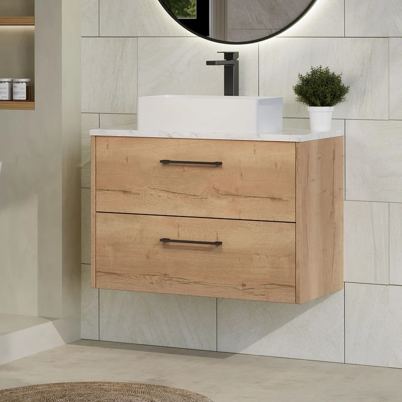 Juno 800mm Wall Hung 2 Drawer Vanity Unit & Carrera Marble Laminate Worktop - Autumn Oak Woodgrain