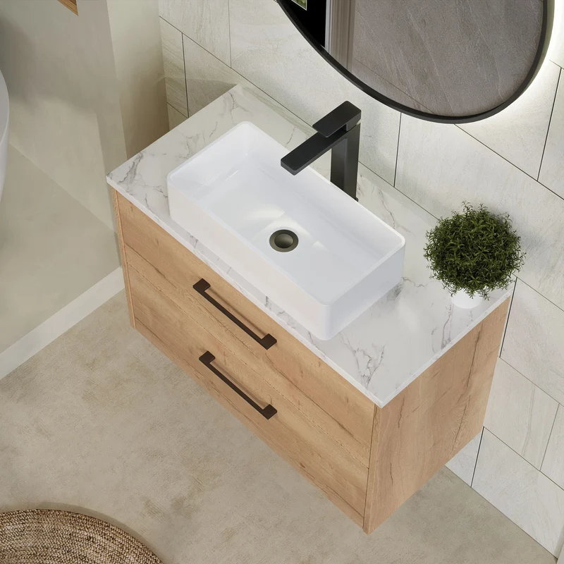 Juno 800mm Wall Hung 2 Drawer Vanity Unit & Carrera Marble Laminate Worktop - Autumn Oak Woodgrain