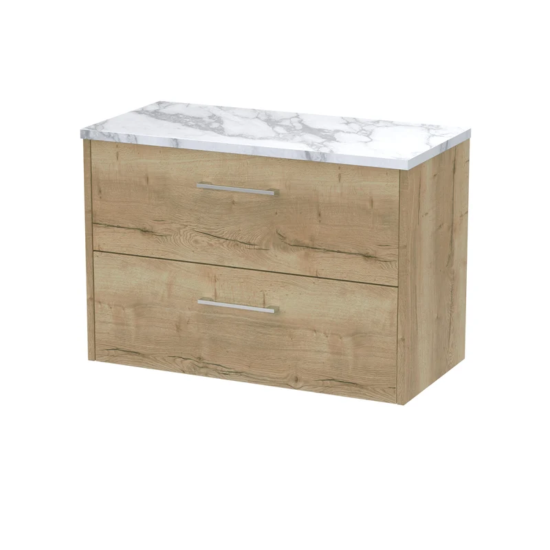 Juno 800mm Wall Hung 2 Drawer Vanity Unit & Carrera Marble Laminate Worktop - Autumn Oak Woodgrain