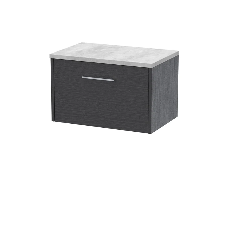 Juno 600mm Wall Hung 1 Drawer Vanity Unit & Bellato Grey Laminate Worktop - Graphite Grey Woodgrain