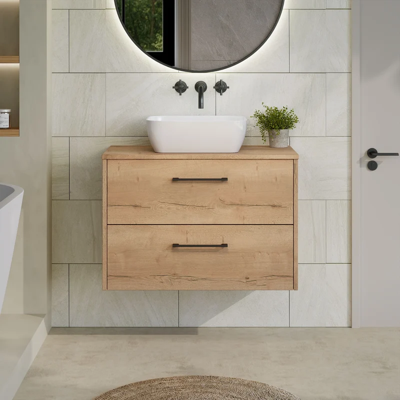Juno 800mm Wall Hung 2 Drawer Vanity Unit & Worktop - Autumn Oak Woodgrain