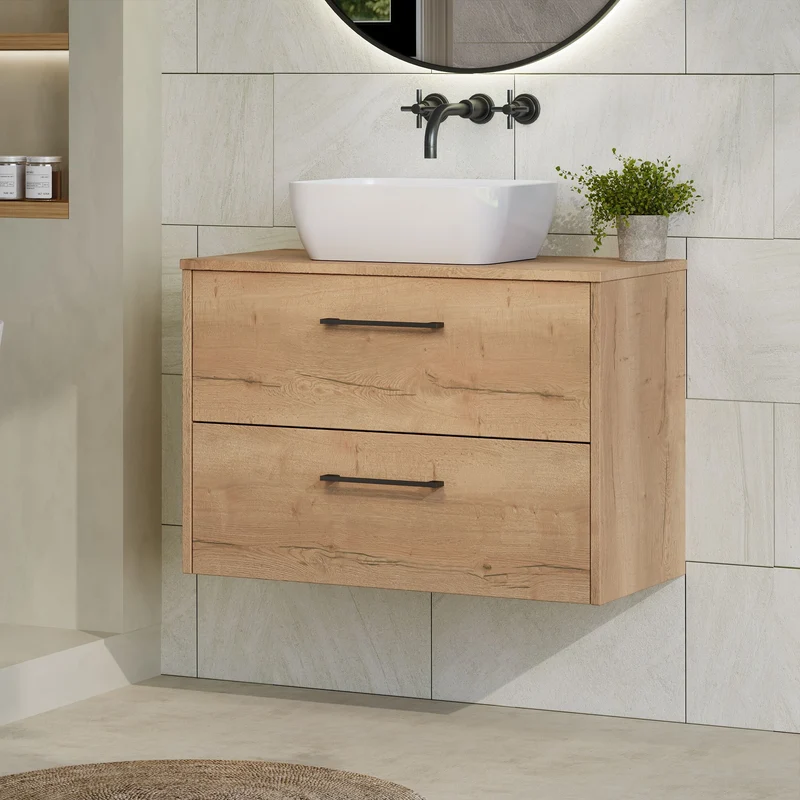 Juno 800mm Wall Hung 2 Drawer Vanity Unit & Worktop - Autumn Oak Woodgrain