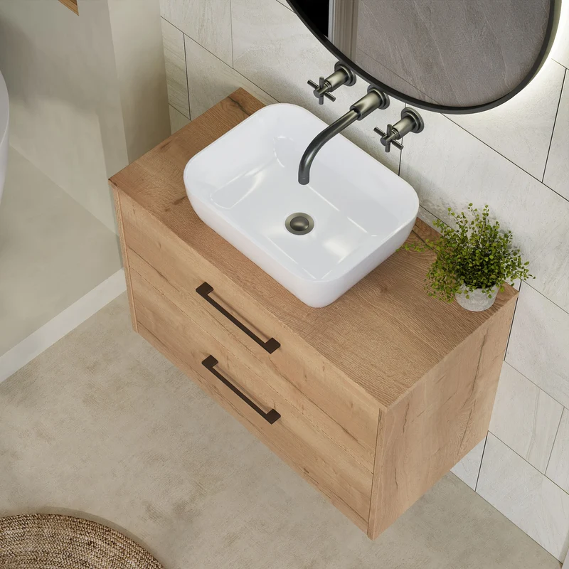 Juno 800mm Wall Hung 2 Drawer Vanity Unit & Worktop - Autumn Oak Woodgrain