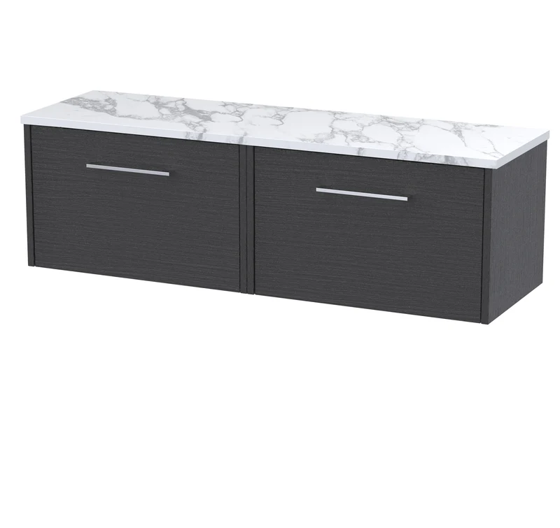Juno 600mm Wall Hung 1 Drawer Vanity Unit & Carrera Marble Laminate Worktop - Graphite Grey Woodgrain