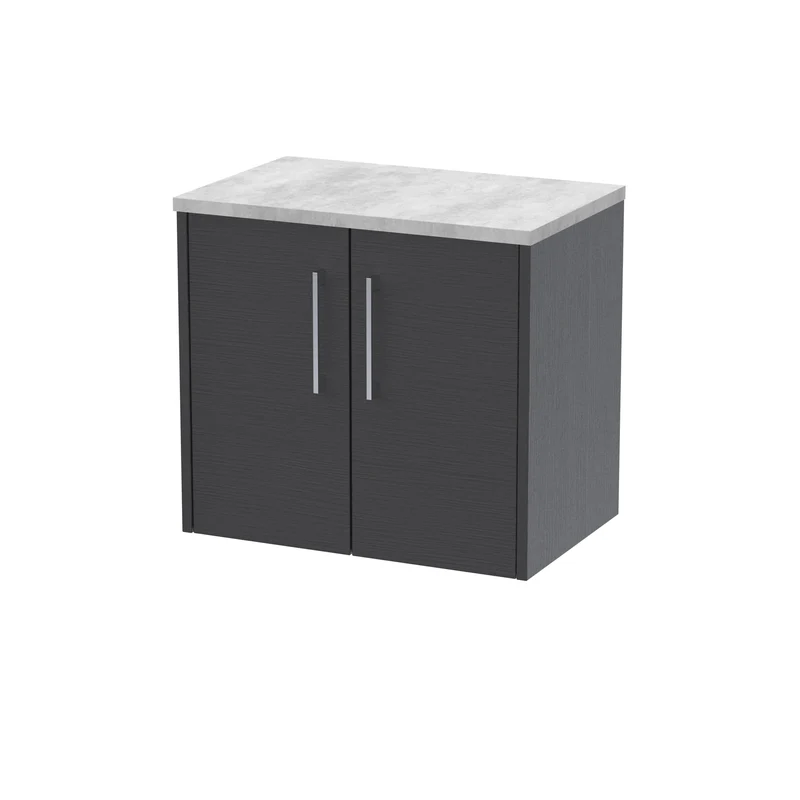Juno 600mm Wall Hung 2 Door Vanity Unit & Bellato Grey Laminate Worktop - Graphite Grey Woodgrain