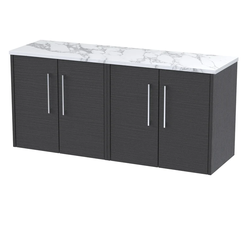Juno 1200mm Wall Hung 4 Door Vanity Unit & Carrera Marble Laminate Worktop - Graphite Grey Woodgrain