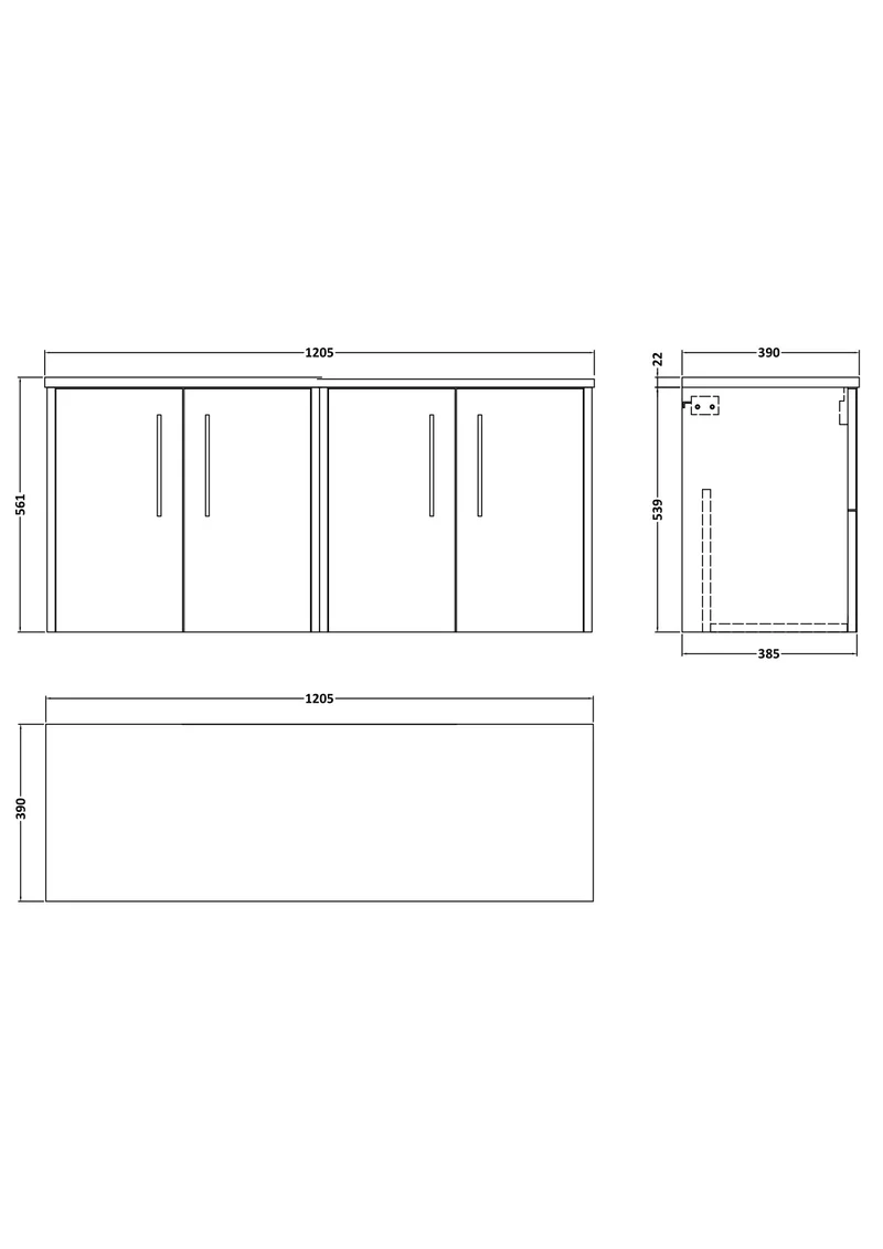 Juno 1200mm Wall Hung 4 Door Vanity Unit & Carrera Marble Laminate Worktop - Graphite Grey Woodgrain