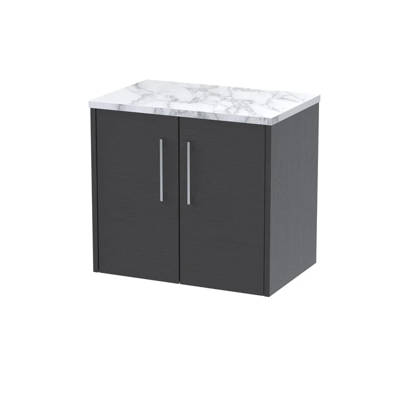 Juno 600mm Wall Hung 2 Door Vanity Unit & Carrera Marble Laminate Worktop - Graphite Grey Woodgrain