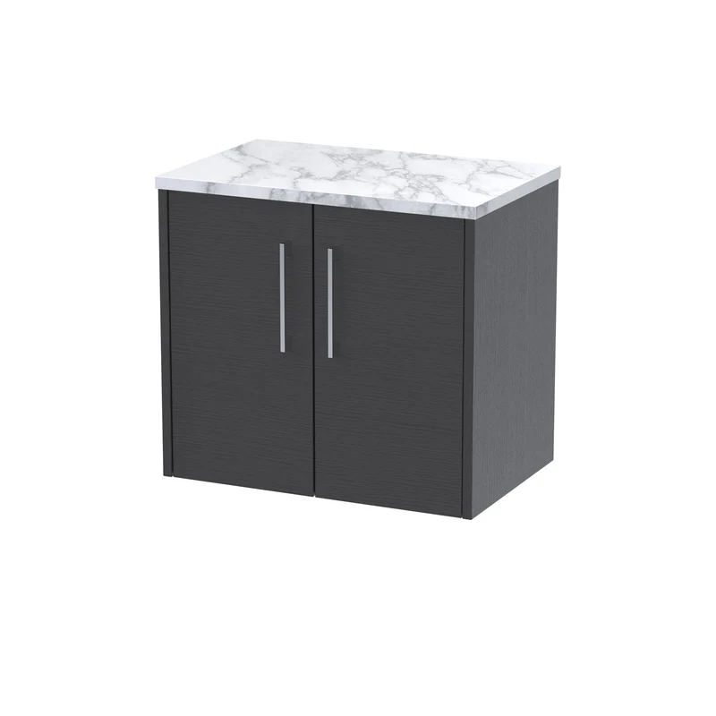 Juno 600mm Wall Hung 2 Door Vanity Unit & Carrera Marble Laminate Worktop - Graphite Grey Woodgrain
