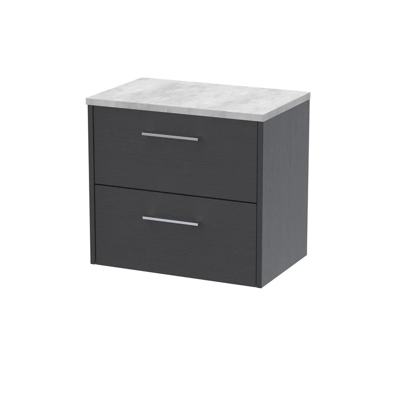 Juno 600mm Wall Hung 2 Drawer Vanity Unit & Bellato Grey Laminate Worktop - Graphite Grey Woodgrain