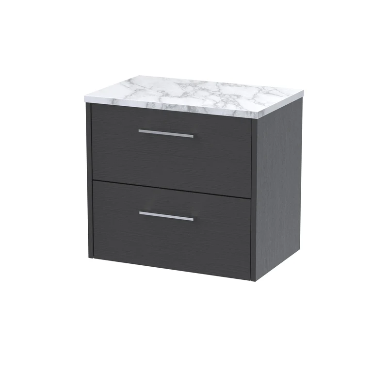 Juno 600mm Wall Hung 2 Drawer Vanity Unit & Carrera Marble Laminate Worktop - Graphite Grey Woodgrain