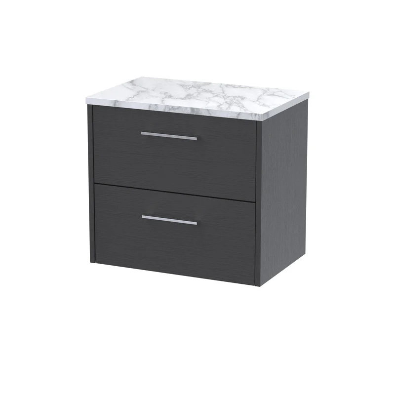 Juno 600mm Wall Hung 2 Drawer Vanity Unit & Carrera Marble Laminate Worktop - Graphite Grey Woodgrain