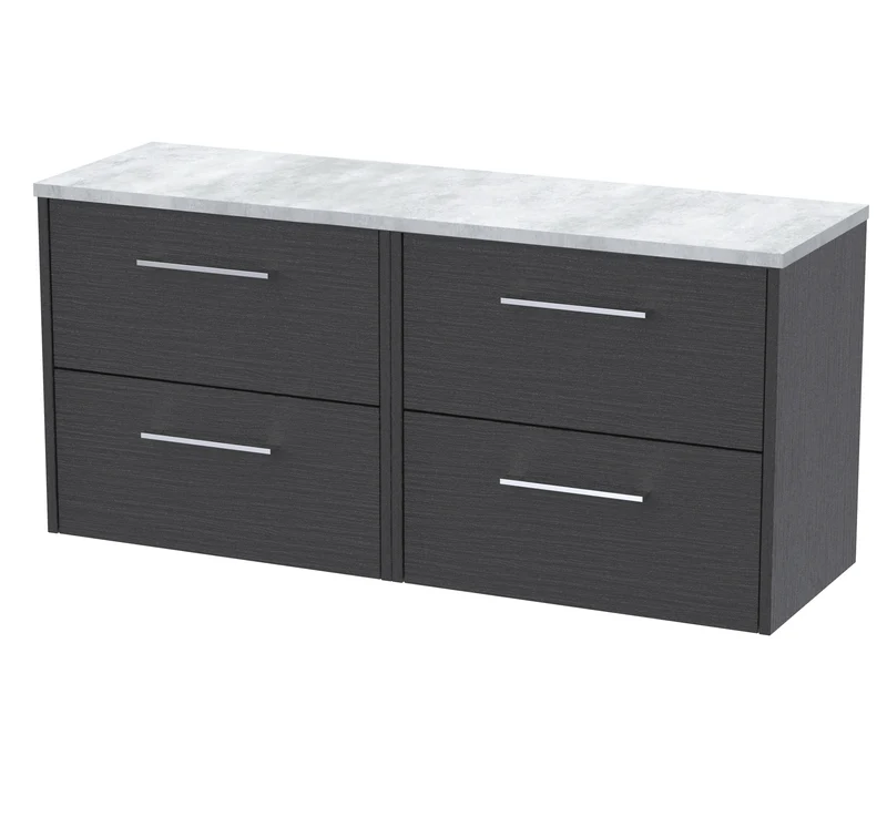 Juno 1200mm Wall Hung 4 Drawer Vanity Unit & Bellato Grey Laminate Worktop - Graphite Grey Woodgrain