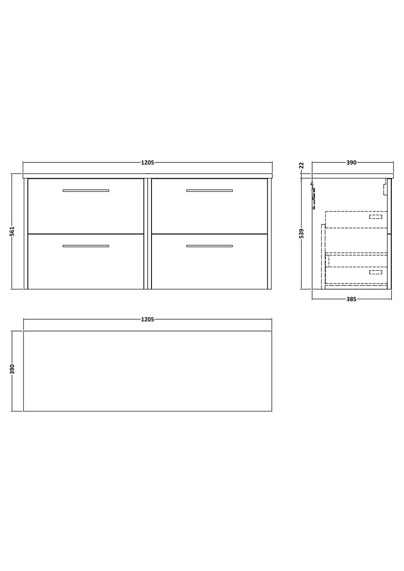 Juno 1200mm Wall Hung 4 Drawer Vanity Unit & Bellato Grey Laminate Worktop - Graphite Grey Woodgrain