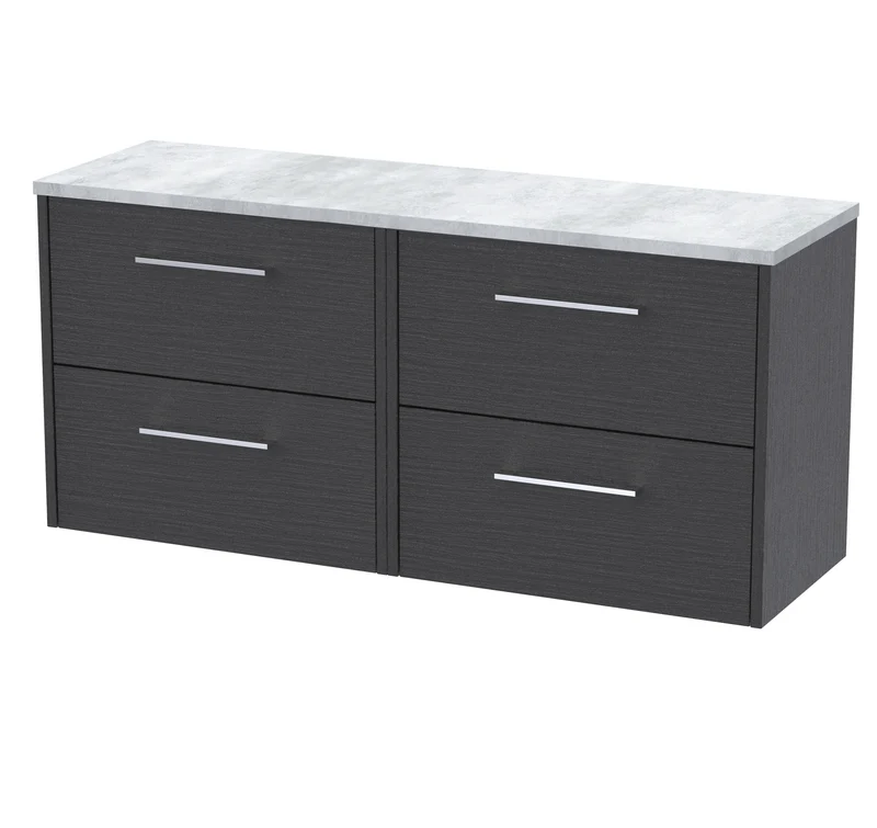 Juno 1200mm Wall Hung 4 Drawer Vanity Unit & Bellato Grey Laminate Worktop - Graphite Grey Woodgrain