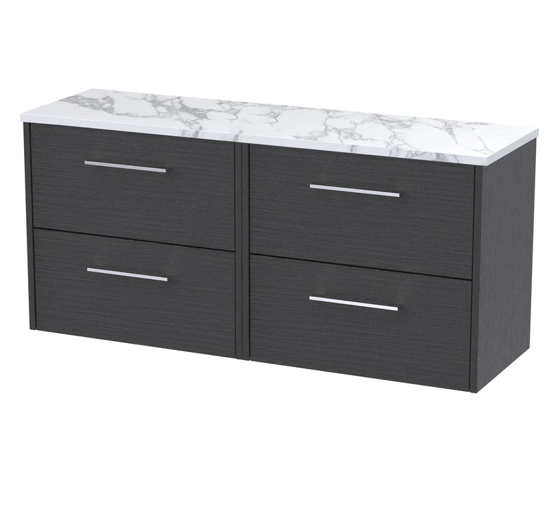 Juno 1200mm Wall Hung 4 Drawer Vanity Unit & Carrera Marble Laminate Worktop - Graphite Grey Woodgrain