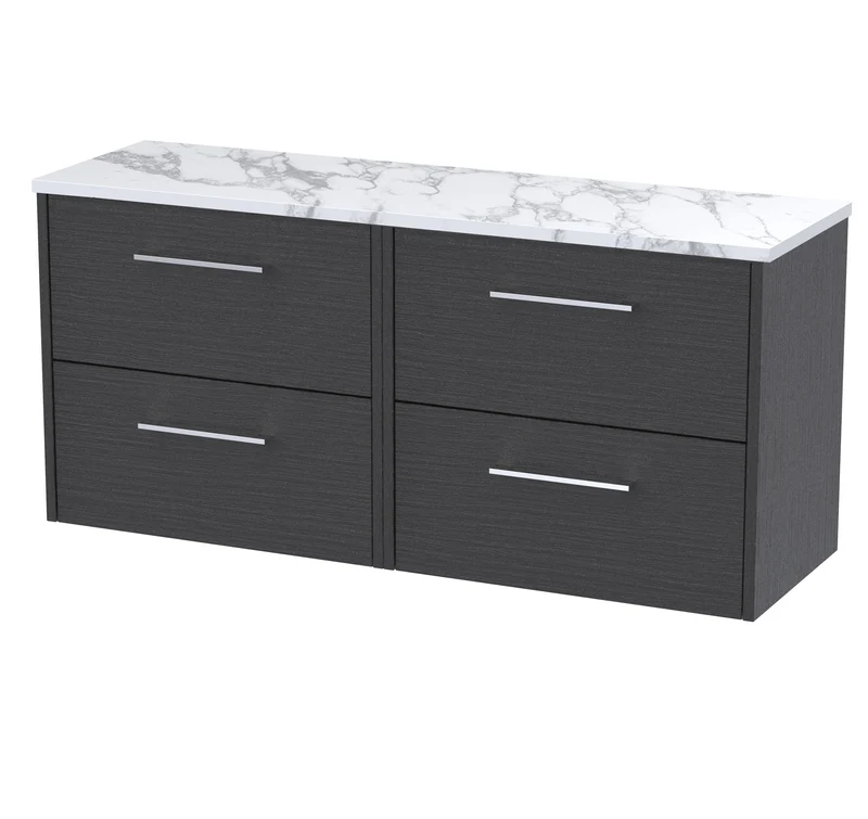 Juno 1200mm Wall Hung 4 Drawer Vanity Unit & Carrera Marble Laminate Worktop - Graphite Grey Woodgrain