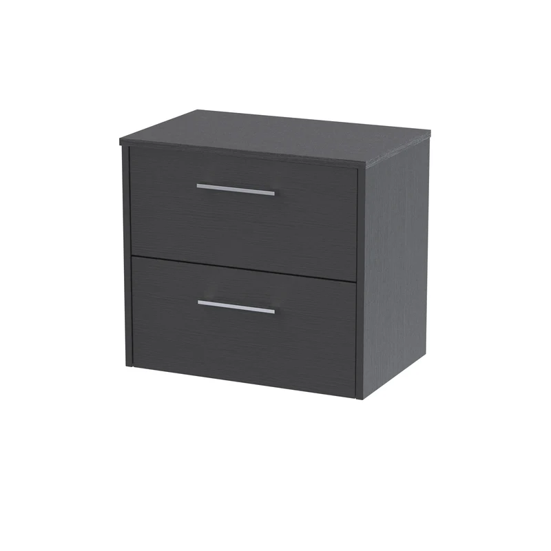 Juno 600mm Wall Hung 2 Drawer Vanity Unit & Worktop - Graphite Grey Woodgrain
