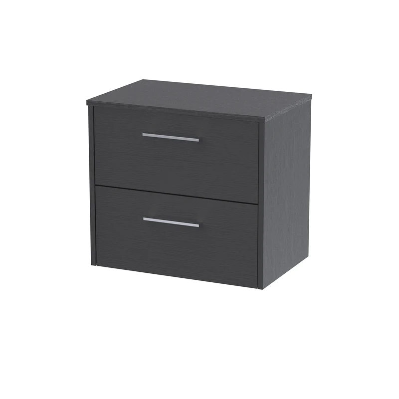 Juno 600mm Wall Hung 2 Drawer Vanity Unit & Worktop - Graphite Grey Woodgrain