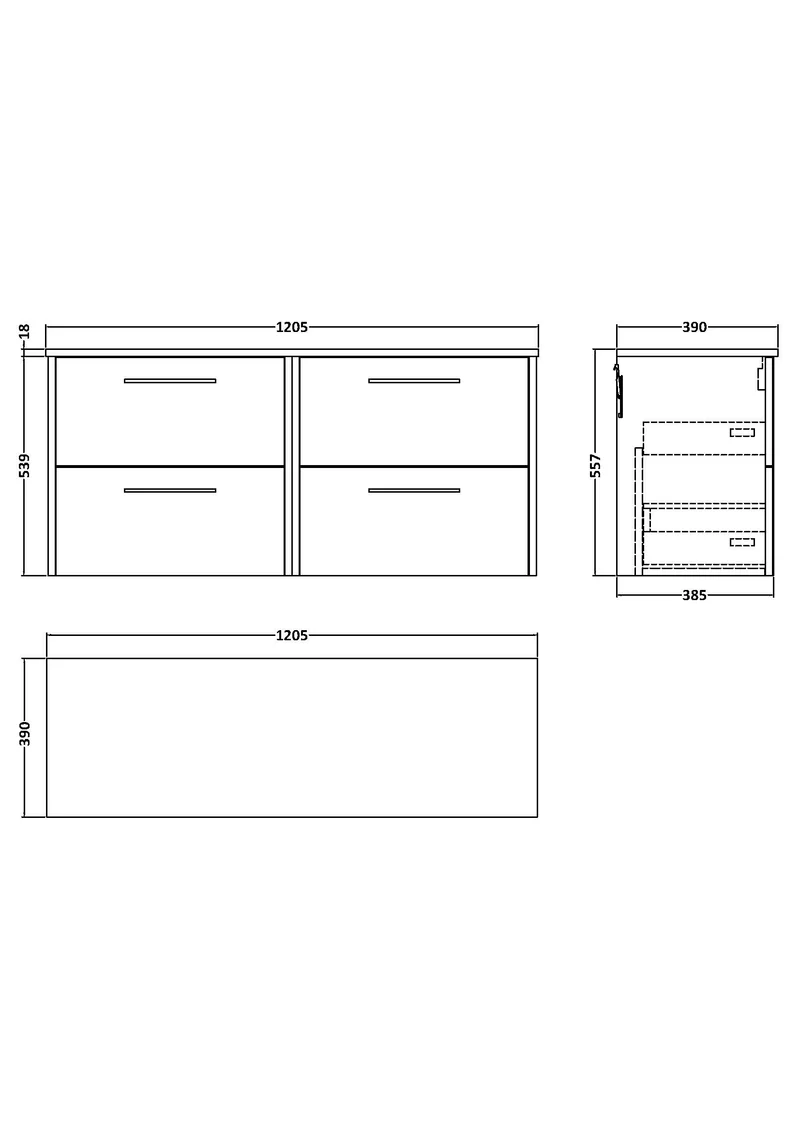 Juno 1200mm Wall Hung 4 Drawer Vanity Unit & Worktop - Graphite Grey Woodgrain