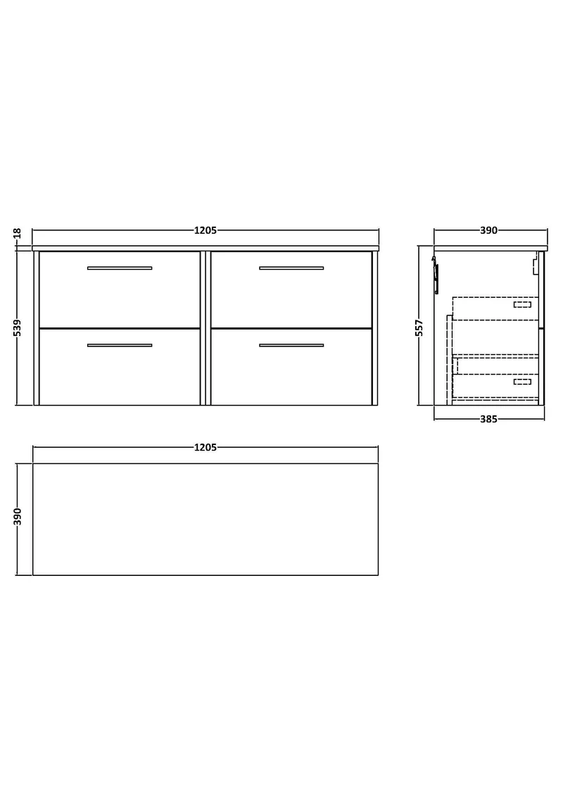 Juno 1200mm Wall Hung 4 Drawer Vanity Unit & Worktop - Graphite Grey Woodgrain