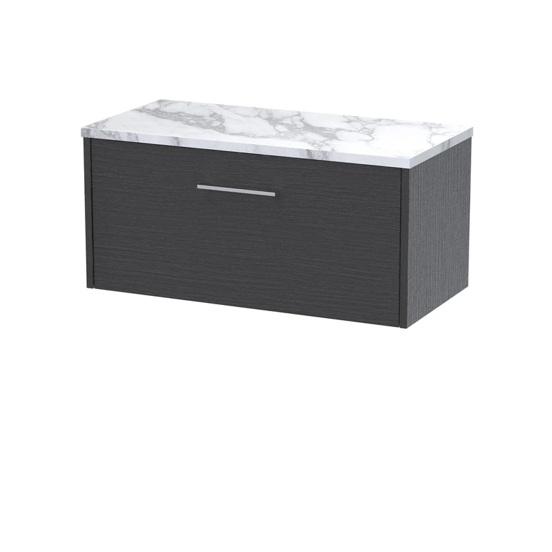 Juno 800mm Wall Hung 1 Drawer Vanity Unit & Carrera Marble Laminate Worktop - Graphite Grey Woodgrain