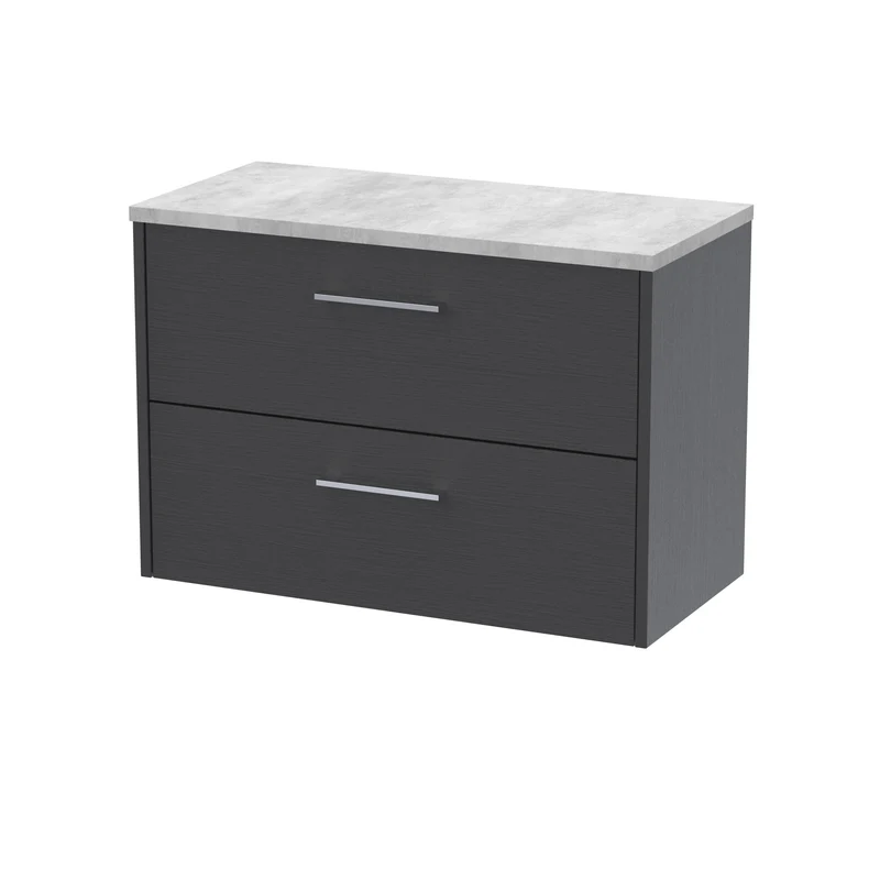 Juno 800mm Wall Hung 2 Drawer Vanity Unit & Bellato Grey Laminate Worktop - Graphite Grey Woodgrain