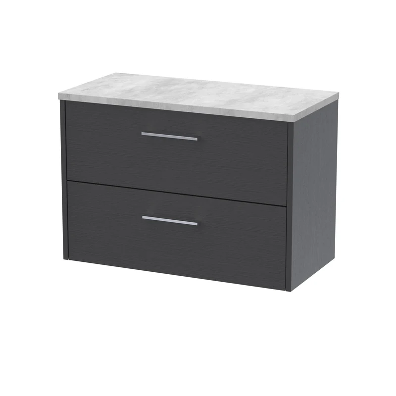Juno 800mm Wall Hung 2 Drawer Vanity Unit & Bellato Grey Laminate Worktop - Graphite Grey Woodgrain