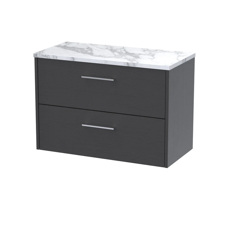 Juno 800mm Wall Hung 2 Drawer Vanity Unit & Carrera Marble Laminate Worktop - Graphite Grey Woodgrain