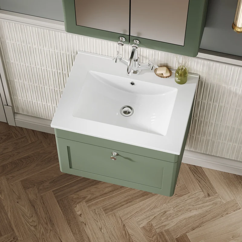 Classique 600mm Wall Hung Vanity Unit With 1 Drawer With Minimalist Ceramic Basin - Satin Green