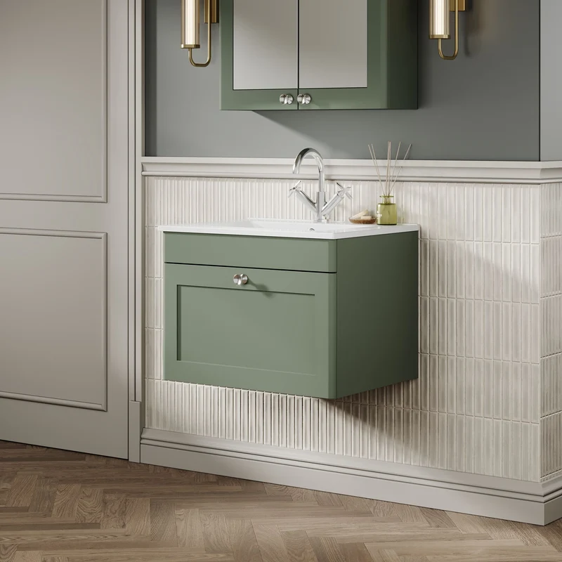 Classique 600mm Wall Hung Vanity Unit With 1 Drawer With Minimalist Ceramic Basin - Satin Green