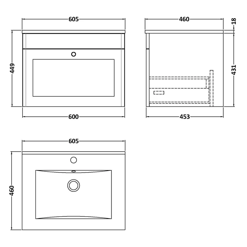 Classique 600mm Wall Hung Vanity Unit With 1 Drawer With Minimalist Ceramic Basin - Satin Green